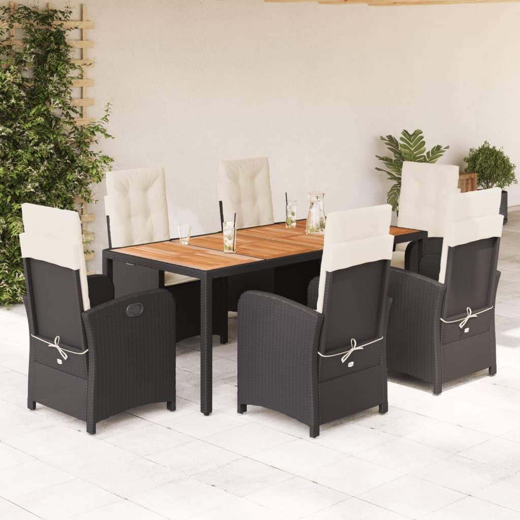 vidaXL 7-tlg. Garten-Essgruppe mit Kissen Schwarz Poly Rattan
