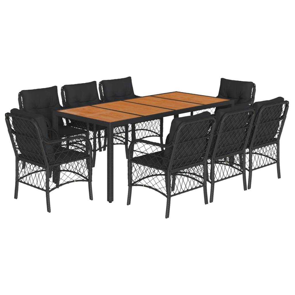 vidaXL 9-tlg. Garten-Essgruppe mit Kissen Schwarz Poly Rattan