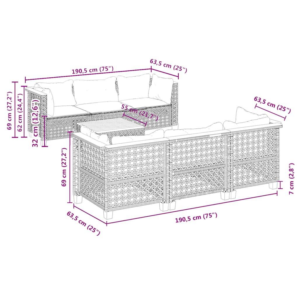 vidaXL 7-tlg. Garten-Sofagarnitur mit Kissen Beige Poly Rattan