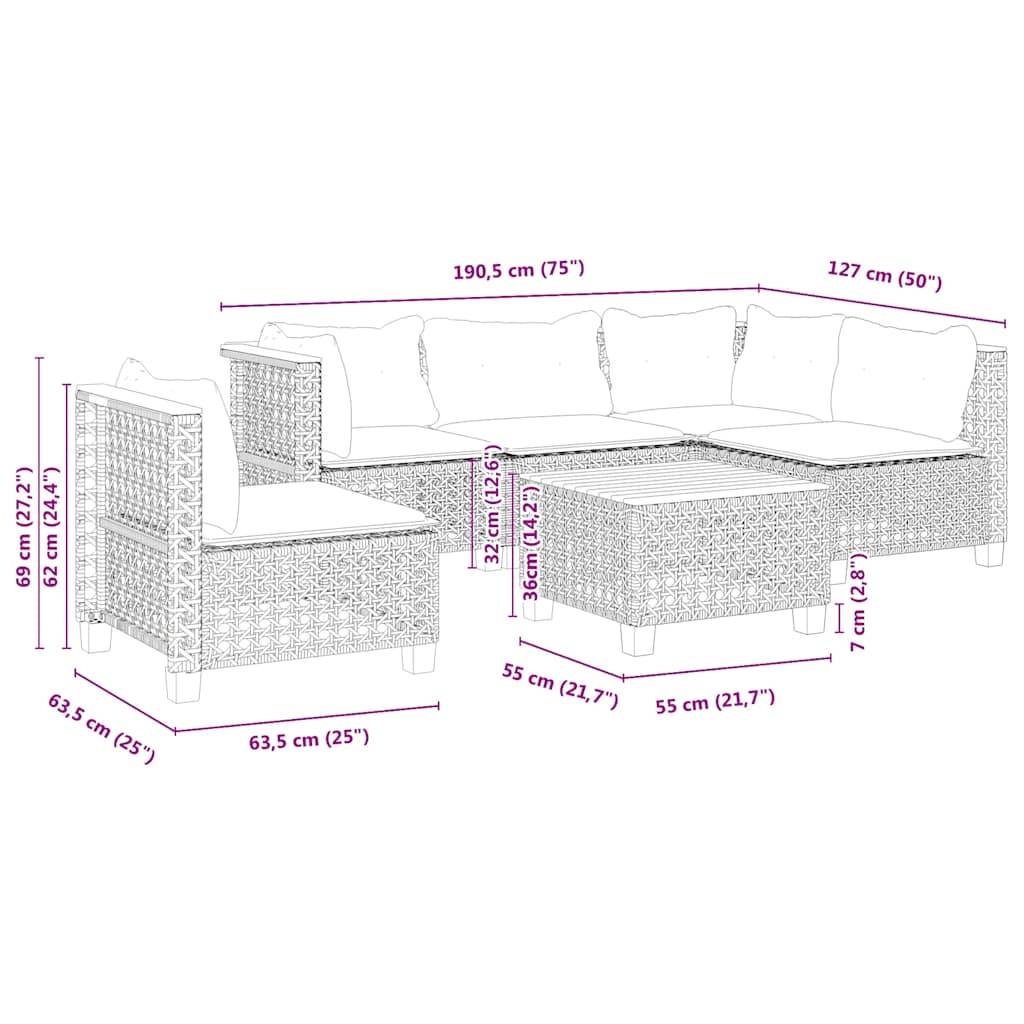 vidaXL 6-tlg. Garten-Sofagarnitur mit Kissen Beige Poly Rattan