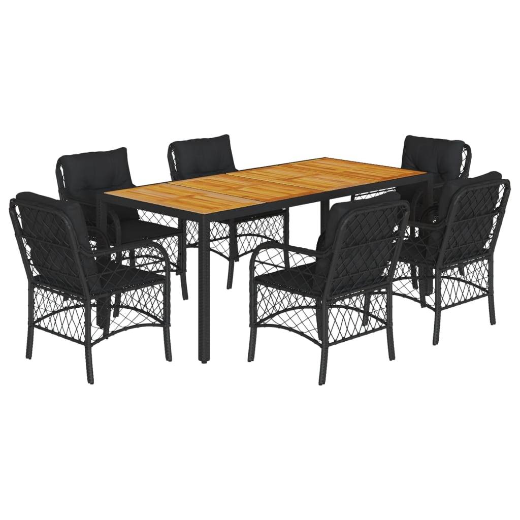 vidaXL 7-tlg. Garten-Essgruppe mit Kissen Schwarz Poly Rattan
