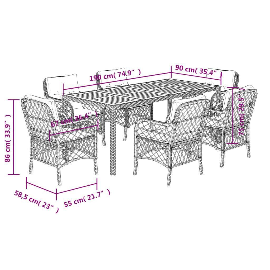 vidaXL 7-tlg. Garten-Essgruppe mit Kissen Schwarz Poly Rattan