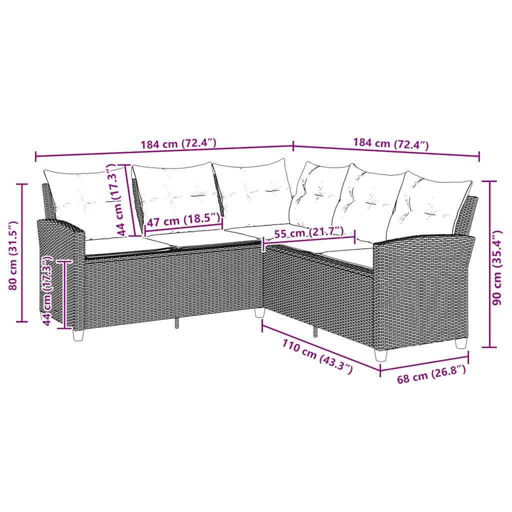 vidaXL L-förmiges Couchsofa mit Kissen Graues Polyrattan