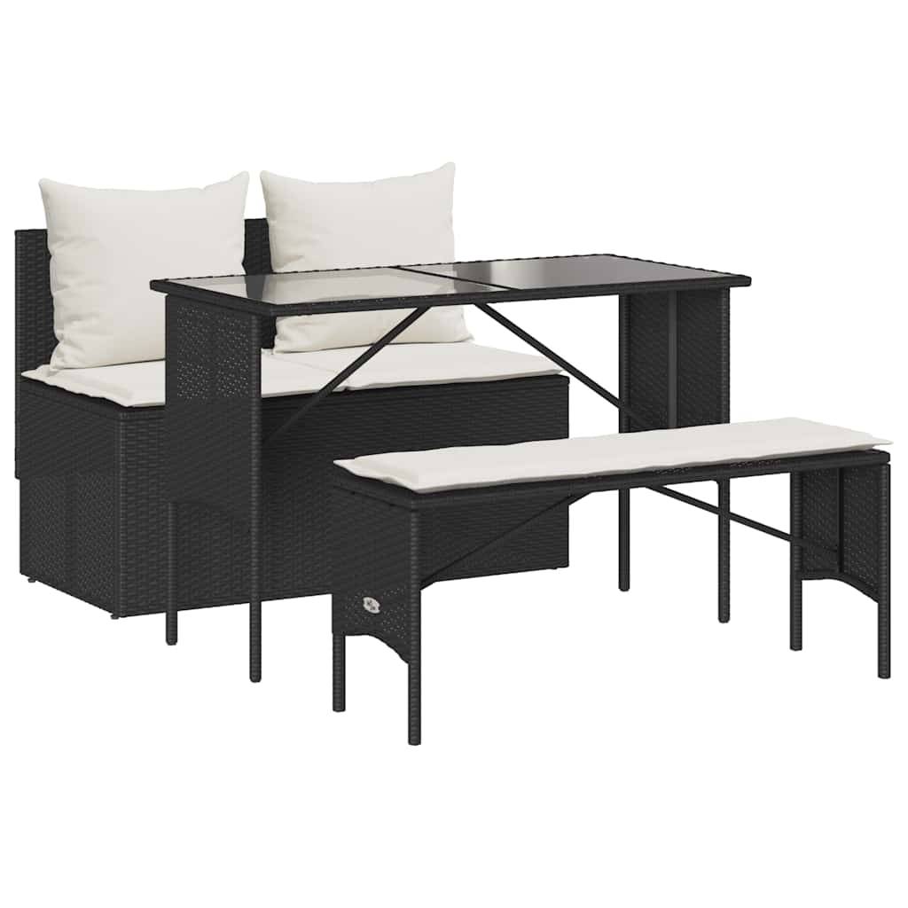 vidaXL 3-tlg. Garten-Essgruppe mit Kissen Schwarz Poly Rattan