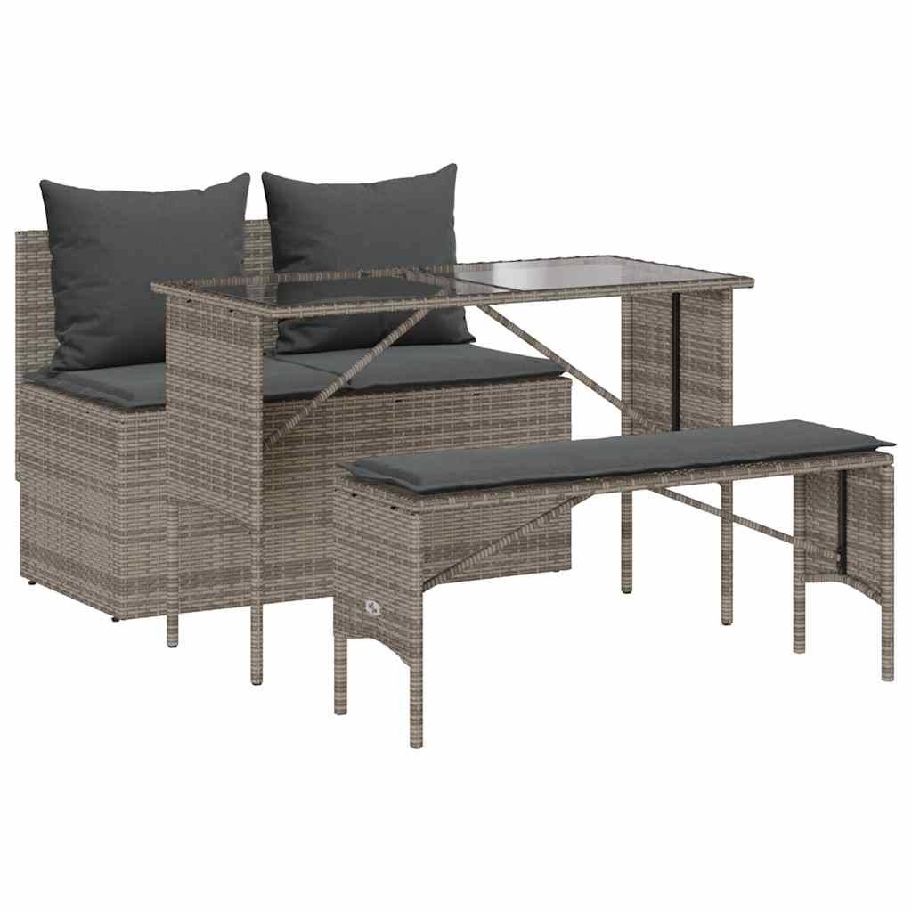 vidaXL 3-tlg. Garten-Essgruppe mit Kissen Grau Poly Rattan