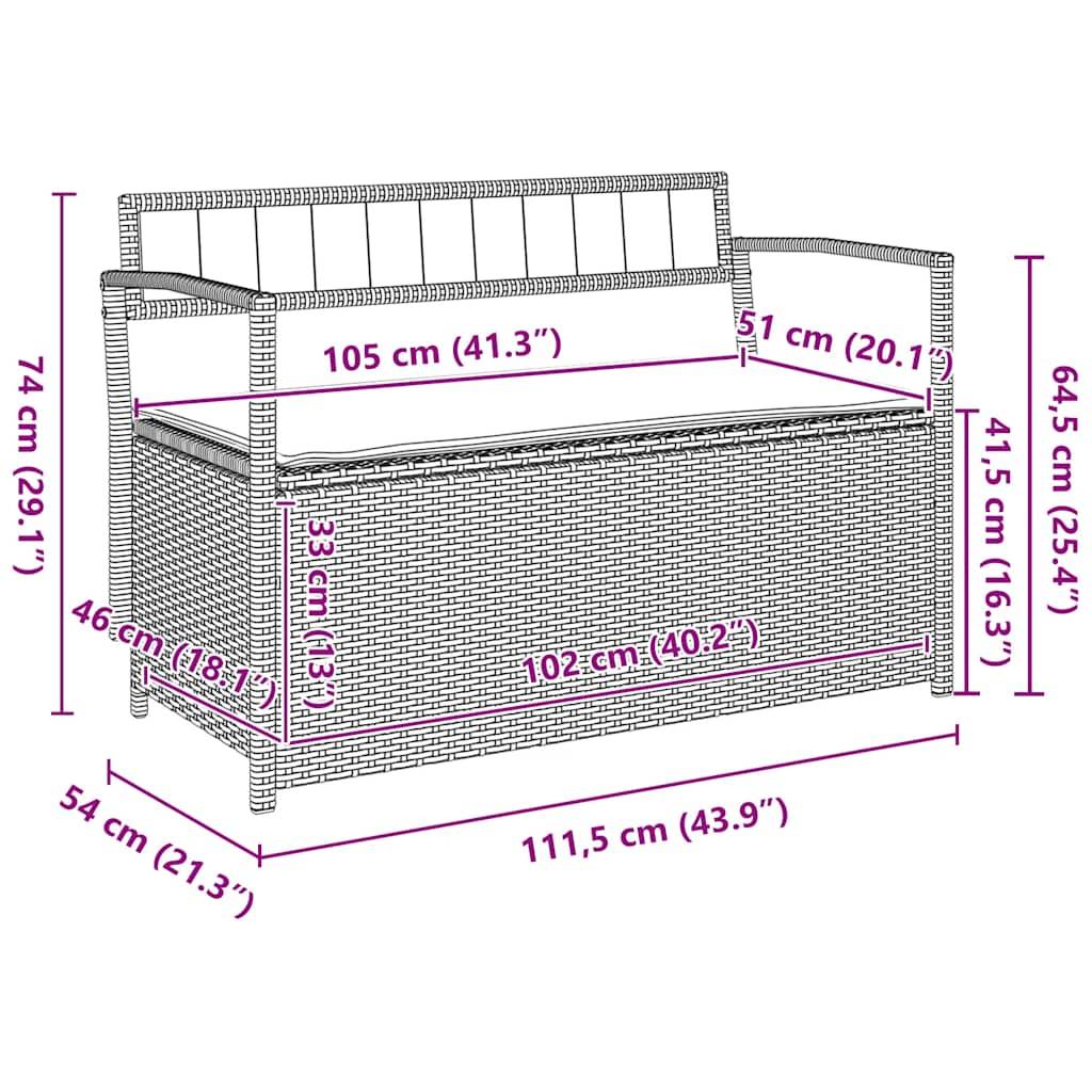 vidaXL Gartenbank mit Stauraum und Kissen Braun Poly Rattan
