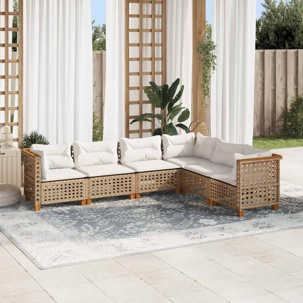 vidaXL 6-tlg. Garten-Sofagarnitur mit Kissen Beige Poly Rattan