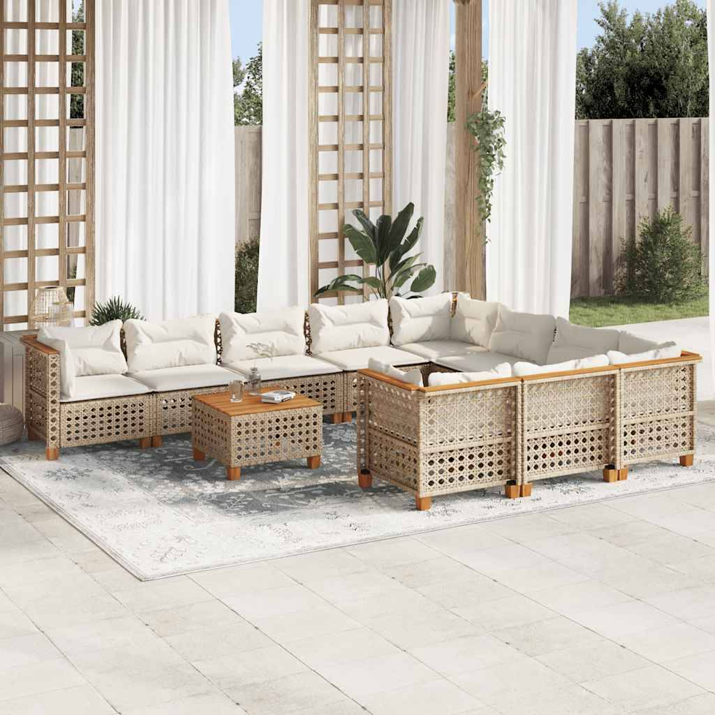 vidaXL 11-tlg. Garten-Sofagarnitur mit Kissen Beige Poly Rattan