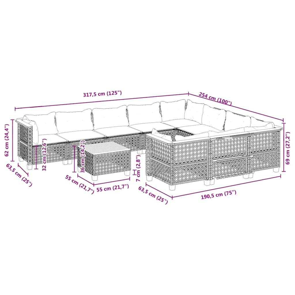 vidaXL 11-tlg. Garten-Sofagarnitur mit Kissen Beige Poly Rattan