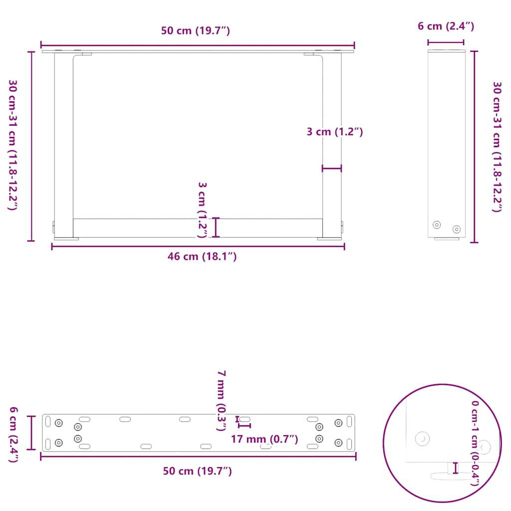 vidaXL Couchtischbeine U-Form 2 Stk. Naturstahl 50x(30-31) cm Stahl