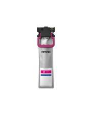 Epson-Tintenpatrone aufrecht stehend, silberfarben mit magenta und schwarzer Oberseite auf weißem Hintergrund.