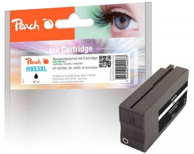 Peach H953XL nachgefertigte Tintenpatrone Verpackung mit einer schwarzen Tintenpatrone daneben gezeigt.