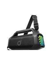 Tragbarer schwarzer Bluetooth-Lautsprecher mit Schultergurt und farbenfrohem LED-Leuchtfeld an der Seite.