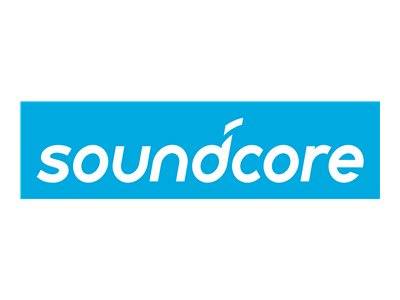 Soundcore-Logo in weißer Kleinschrift auf blauem rechteckigem Hintergrund.