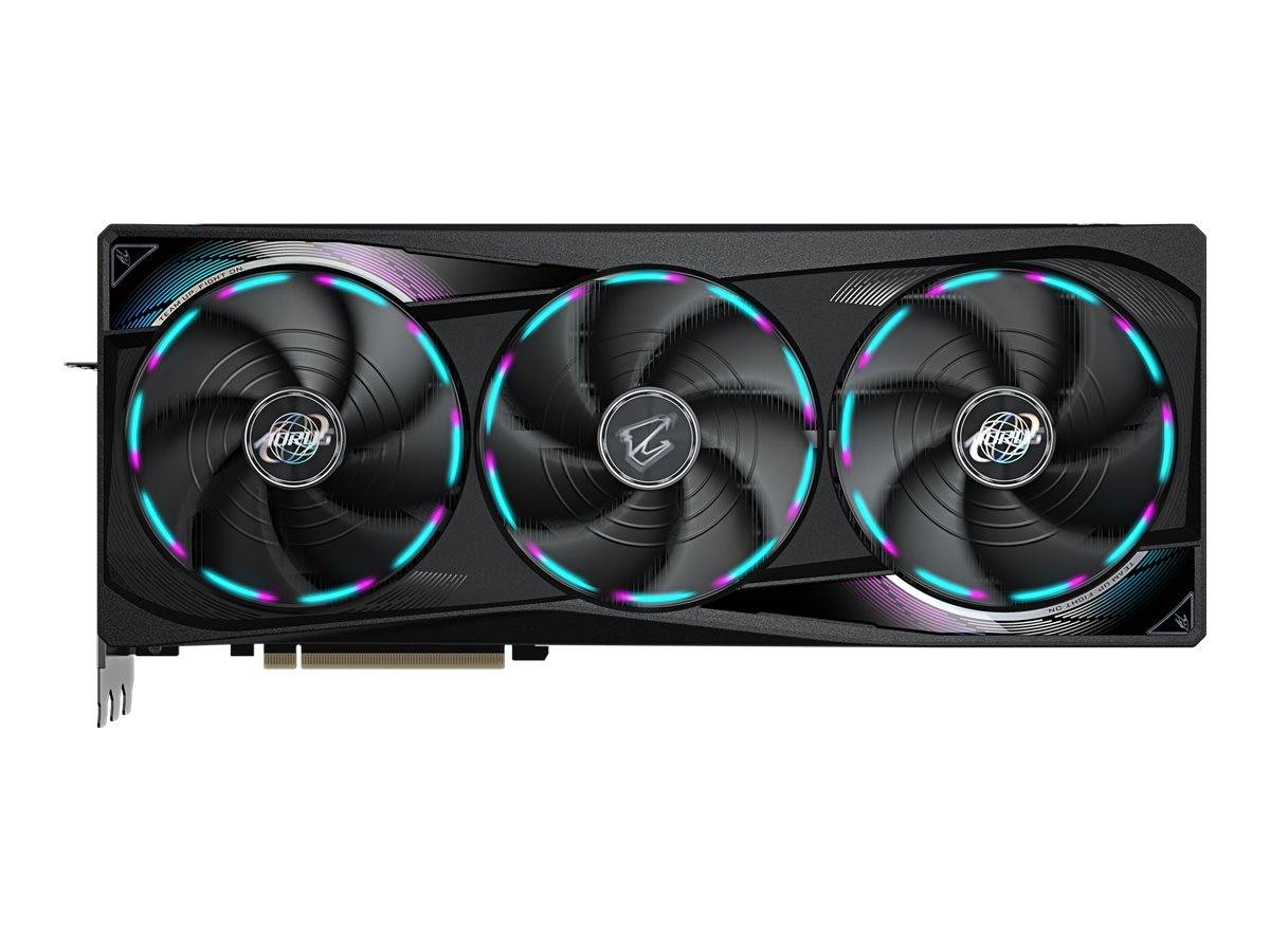 Schwarze Triple-Fan-Grafikkarte mit RGB-Beleuchtungsringen auf weißem Hintergrund, frontal dargestellt.