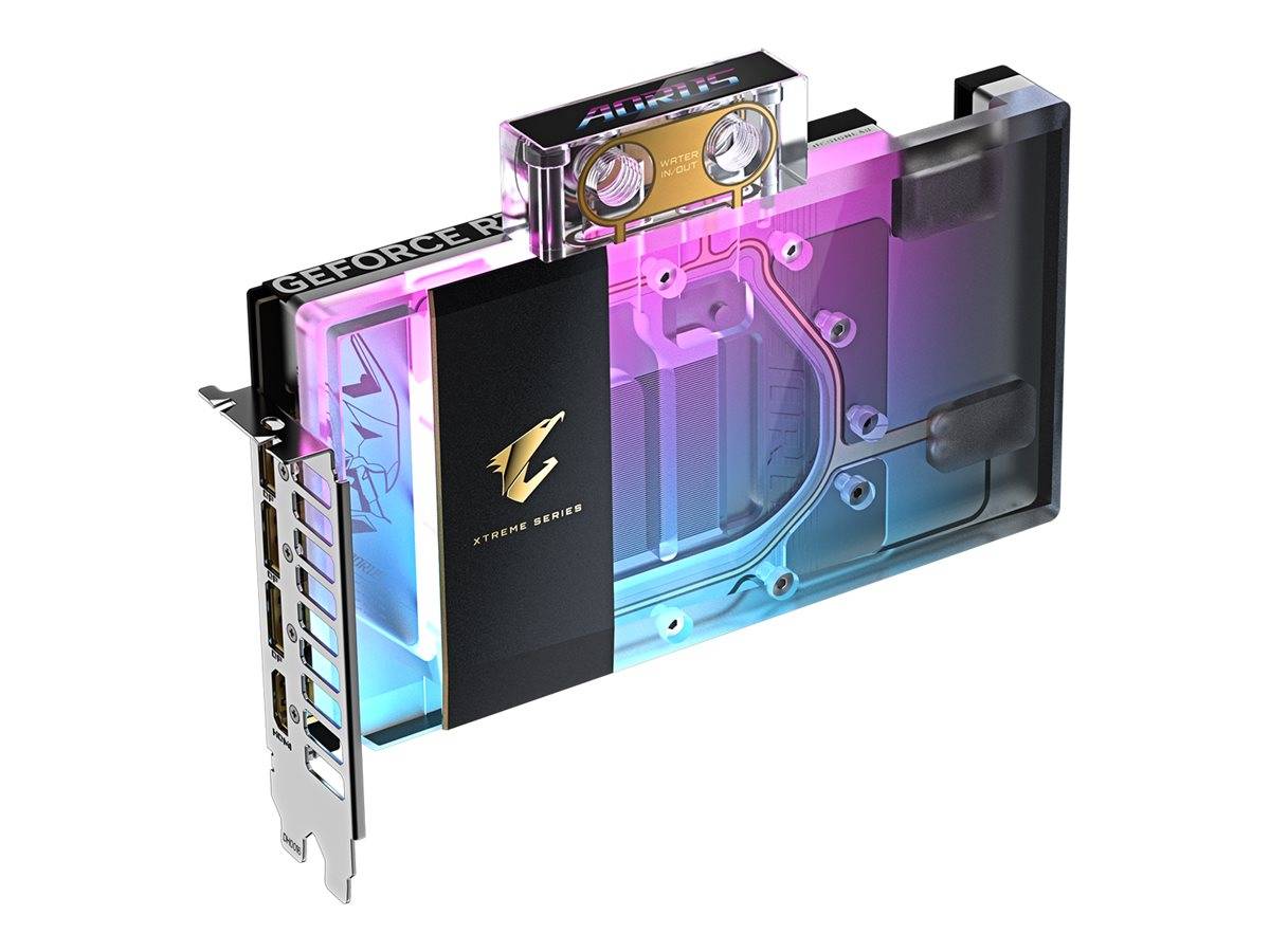 GeForce AORUS Grafikkarte mit RGB-beleuchteter transparenter Kühleinheit und sichtbaren Doppellüftern auf weißem Hintergrund.