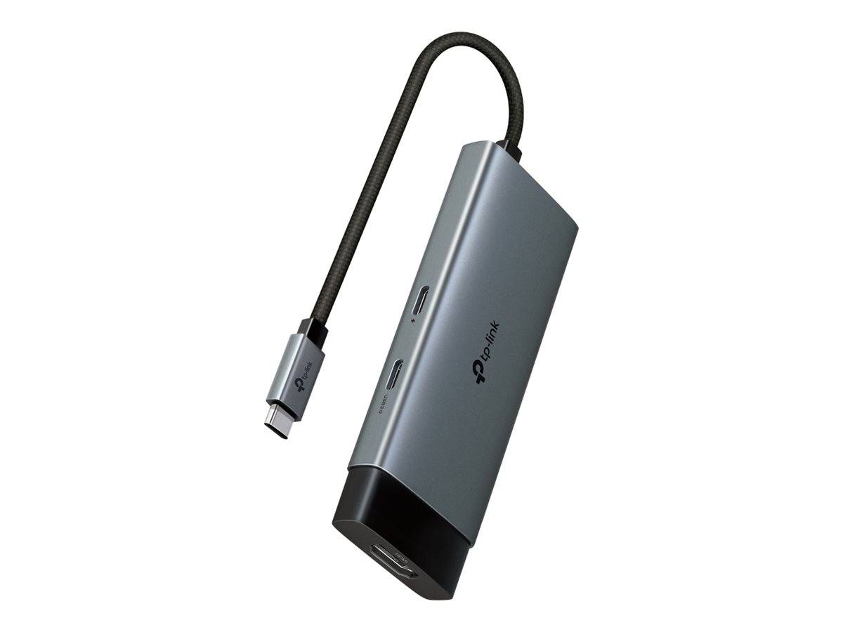 Ein silberner TP-Link Multi-Port-USB-Hub mit einem USB-C-Anschluss wird gezeigt, der mehrere USB-Anschlüsse zur Geräteverbindung aufweist.