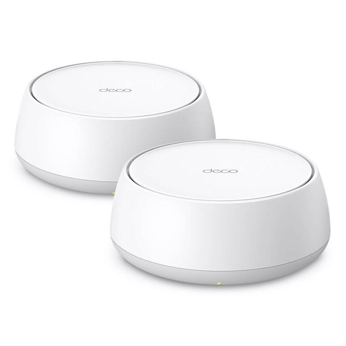 Zwei weiße dezentrale kabellose Mesh-Wi-Fi-Router auf neutralem Hintergrund, dargestellt als ein Paar von Netzwerkgeräten.