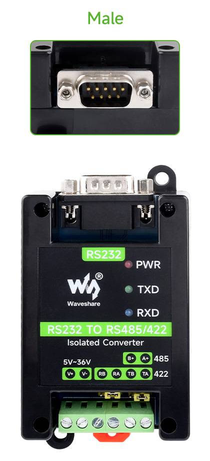 WaveShare RS232 To RS485/422 Active Digital isolated Converter RS232 Male Port