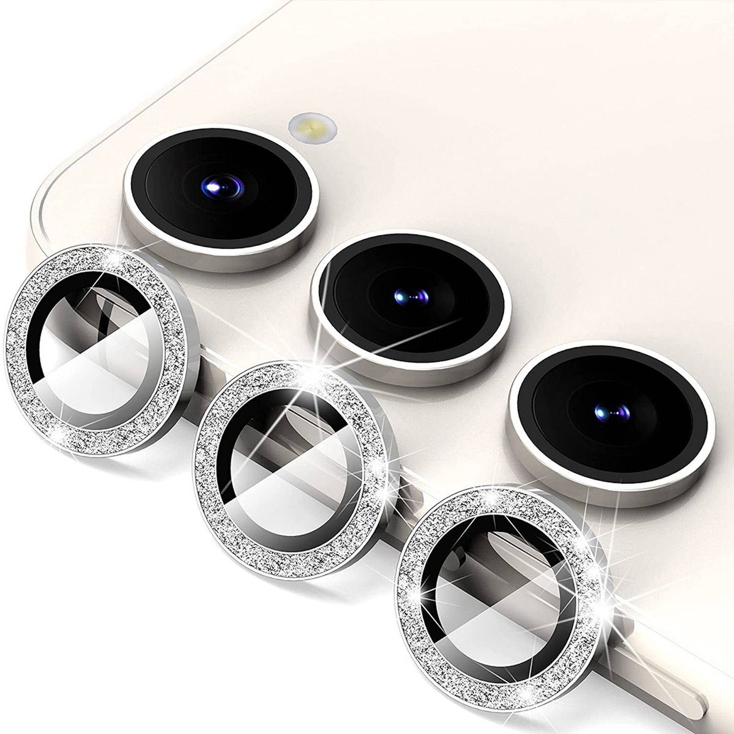 Für Samsung Galaxy S25 Aluminium Glitzer Ring Kamera + H9 Tempered Hart Glas Silber