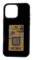 Handyhülle mit einer Cartoon-Illustration und einem QR-Code in der Mitte. Die Illustration zeigt verspielte Charaktere und Formen.