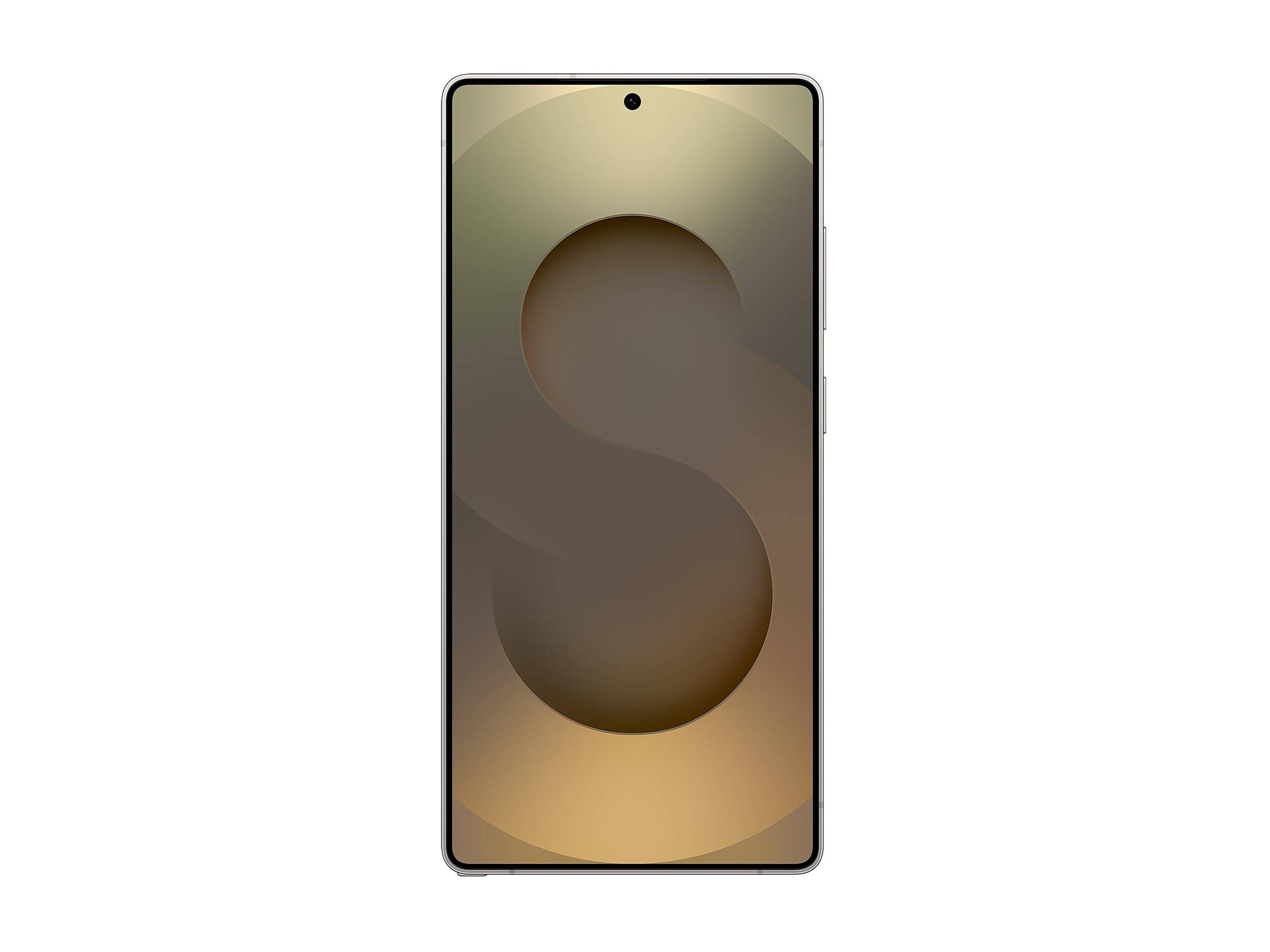 Vorderansicht eines Smartphones mit zentraler Lochkamera und abstraktem gold-braunem Hintergrundbild auf dem Bildschirm.