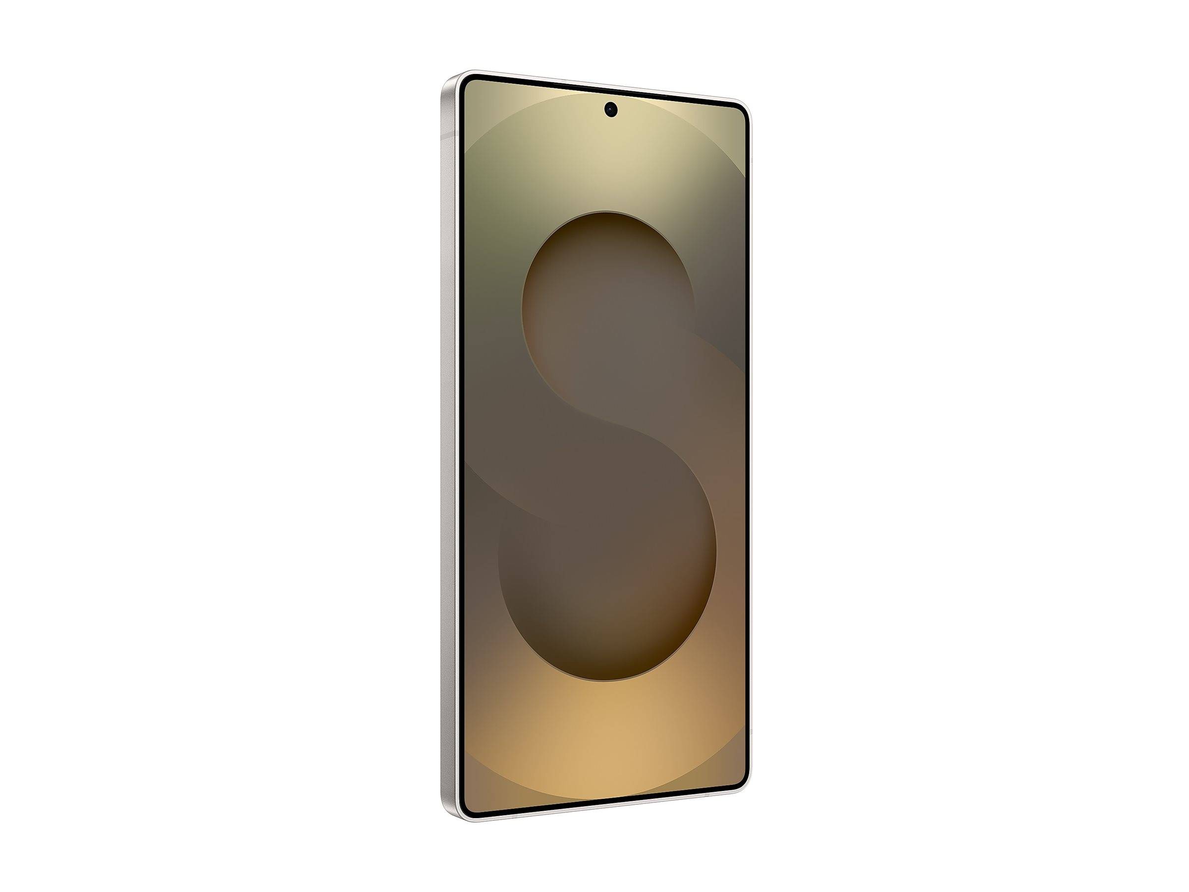Ein goldenes Smartphone in schrägem Winkel mit einem großen Buchstaben „S