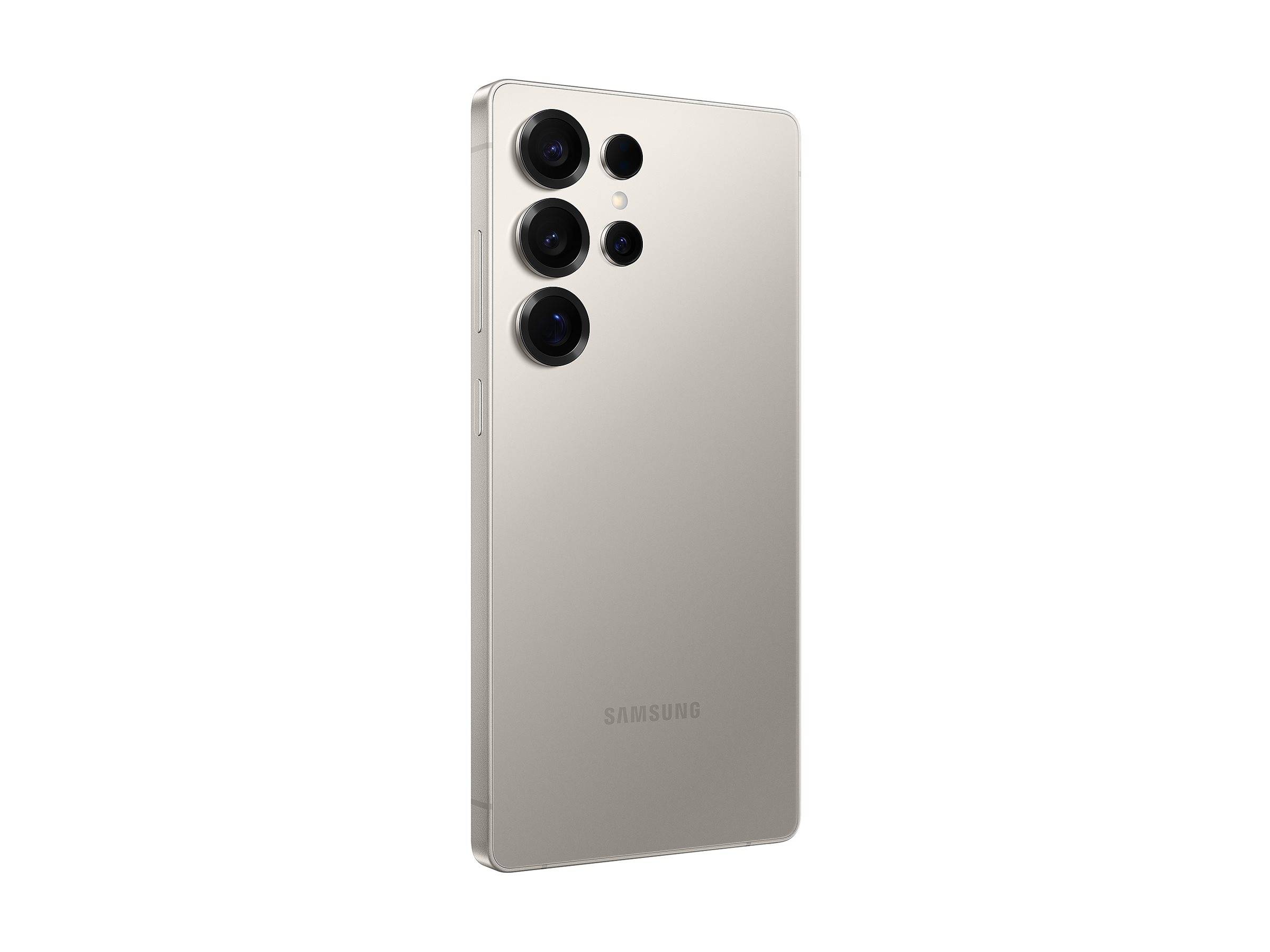 Rückansicht eines Samsung-Smartphones in hellem Beige mit vier Kamera-Objektiven auf der Rückseite und einem minimalistischen, schlichten Design.