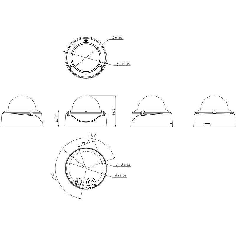 Technische Zeichnung einer kuppelförmigen Sicherheitskamera mit Abmessungen. Draufsicht, Vorderansicht und Seitenansicht werden angezeigt und zeigen Messwerte für die Installation.