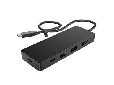 Ein schwarzer USB-C-Multiport-Adapter mit drei USB-Anschlüssen und einem HDMI-Anschluss, der über ein kurzes Kabel verbunden ist.