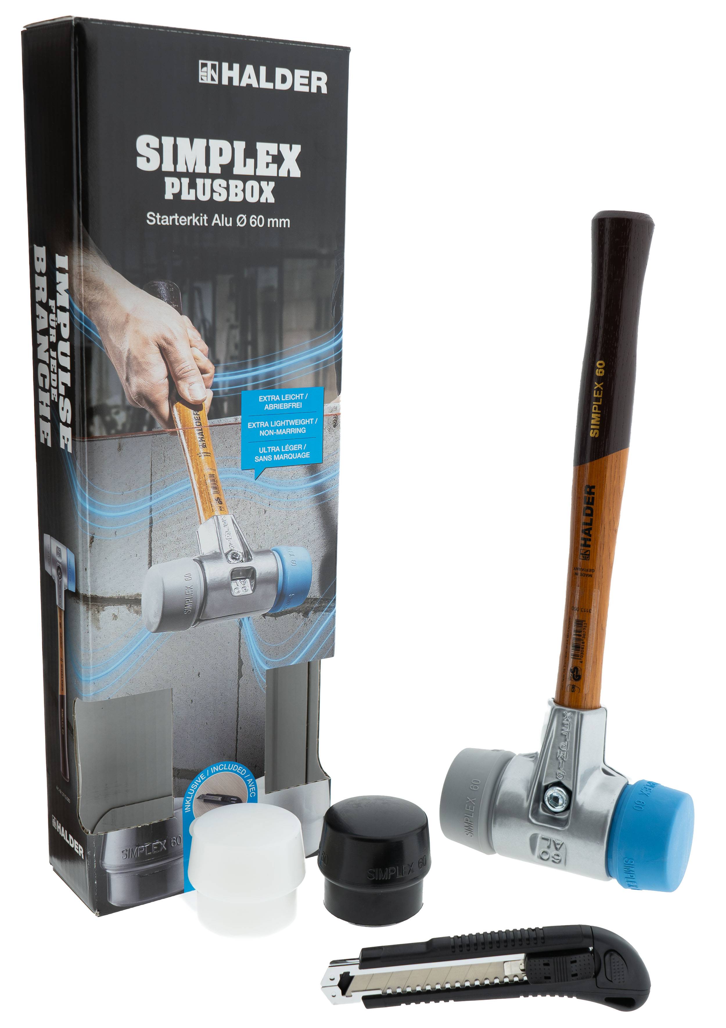 HALDER SIMPLEX Plusbox Starterkit Alu Schonhammer Ø 60 mm Superplastik / TPE-mid / TPE-soft / Gummi + Cuttermesser