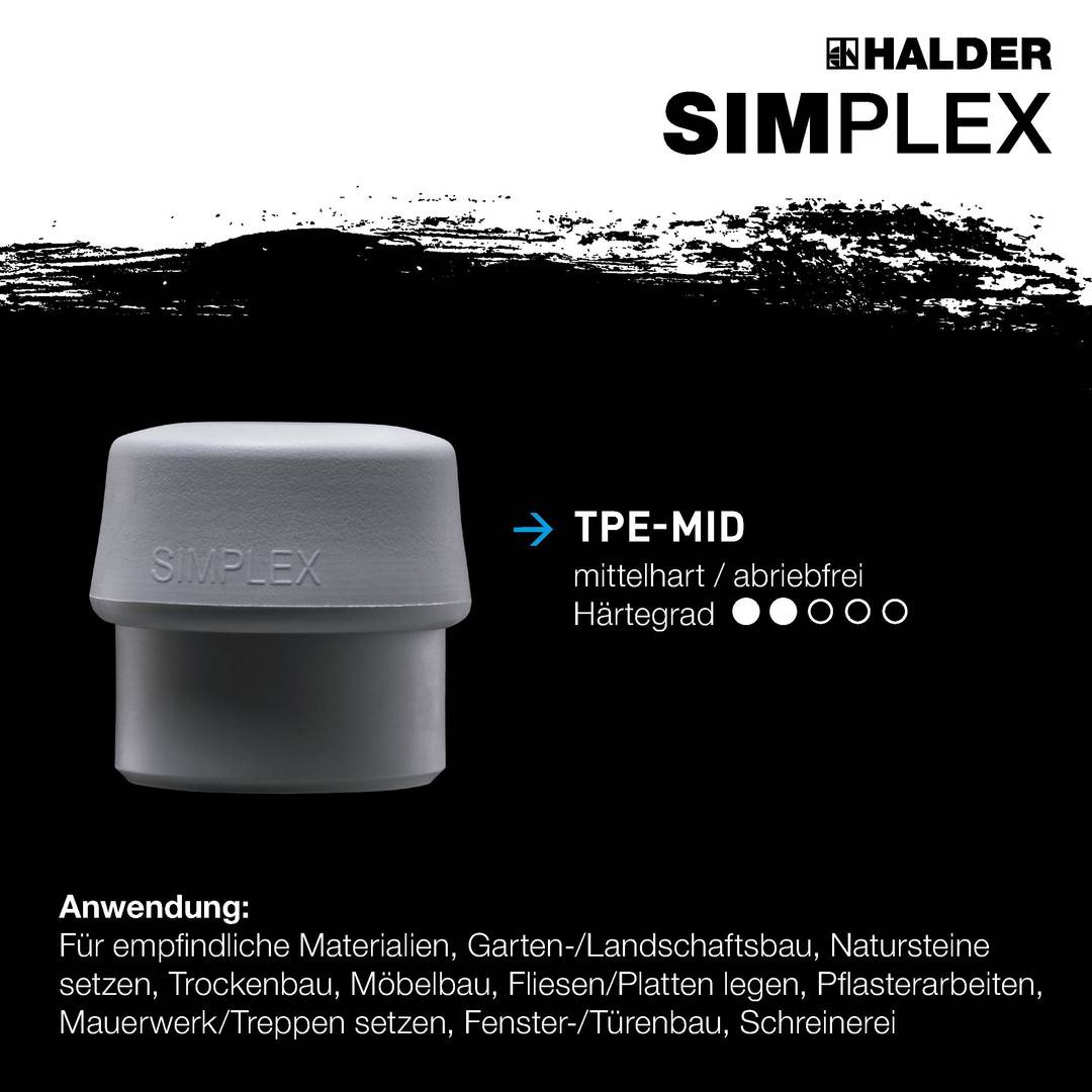 HALDER SIMPLEX Plusbox Starterkit Alu Schonhammer Ø 60 mm Superplastik / TPE-mid / TPE-soft / Gummi + Cuttermesser