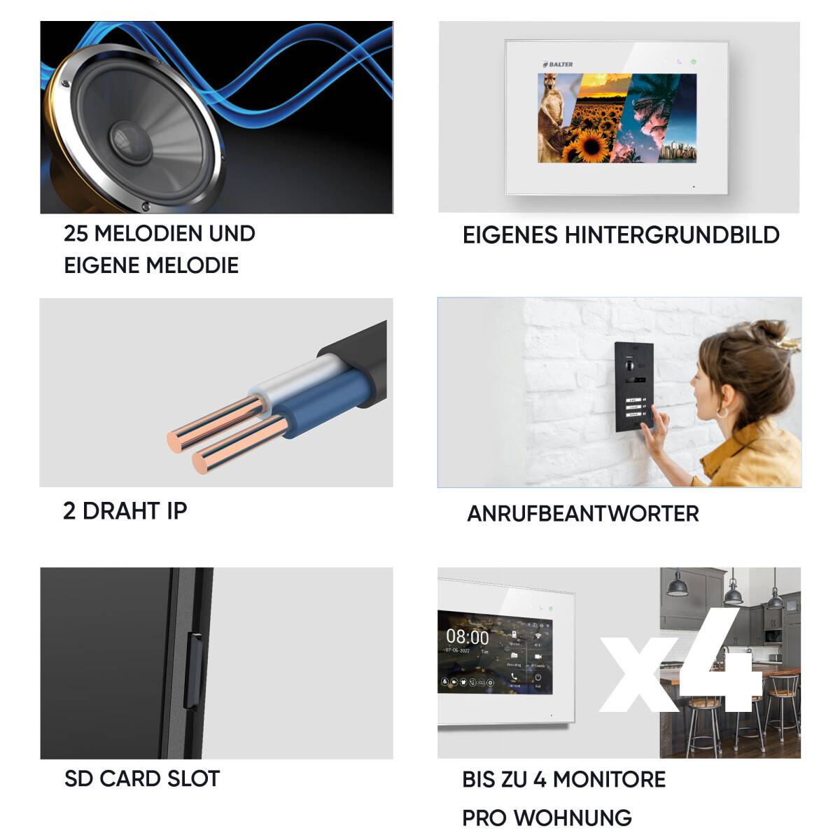 BALTER EVO-HD Video Türsprechanlage 2-Draht Komplett-Set 1-Familie WLAN 4 Monitore mit Smartphone App Karbon-Silver - Schwarz