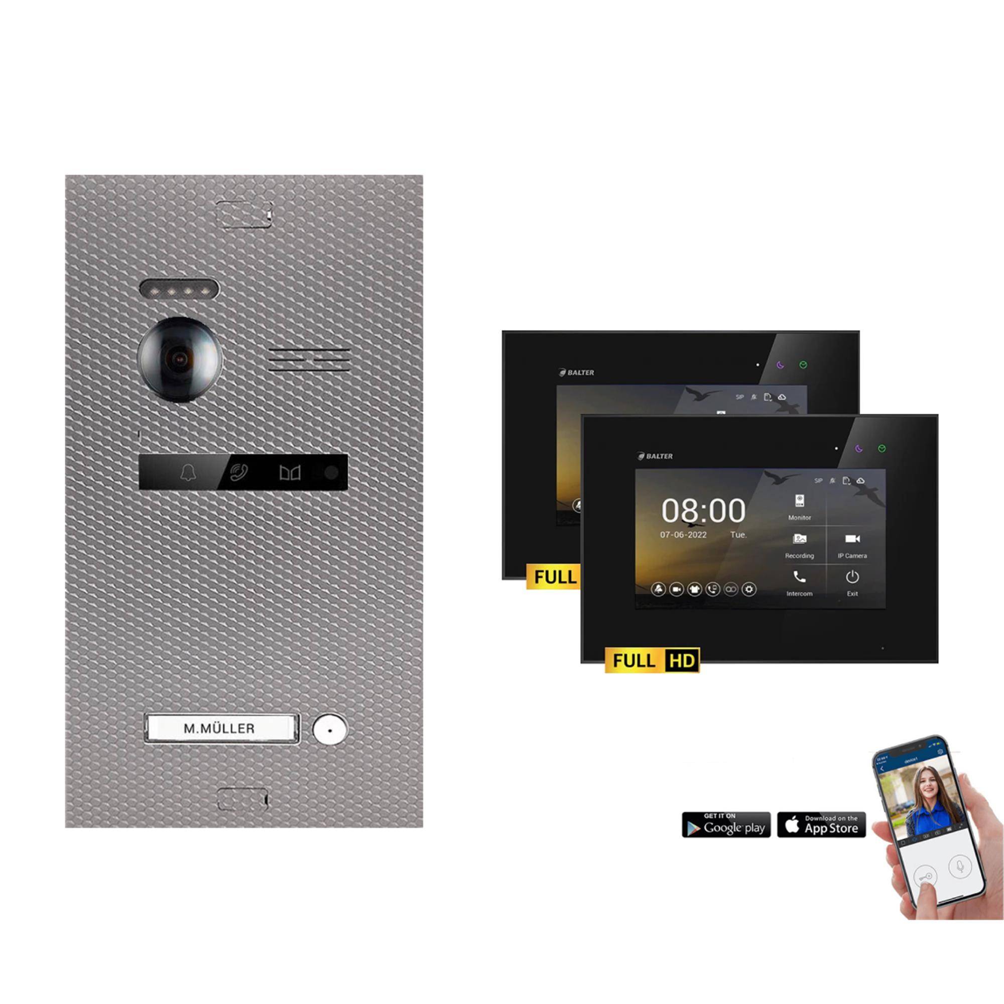 BALTER EVO-HD Video Sprechanlage 2-Draht Komplett-Set 1-Familie WLAN 2 Monitore mit Smartphone App Karbon-Silver - Schwarz