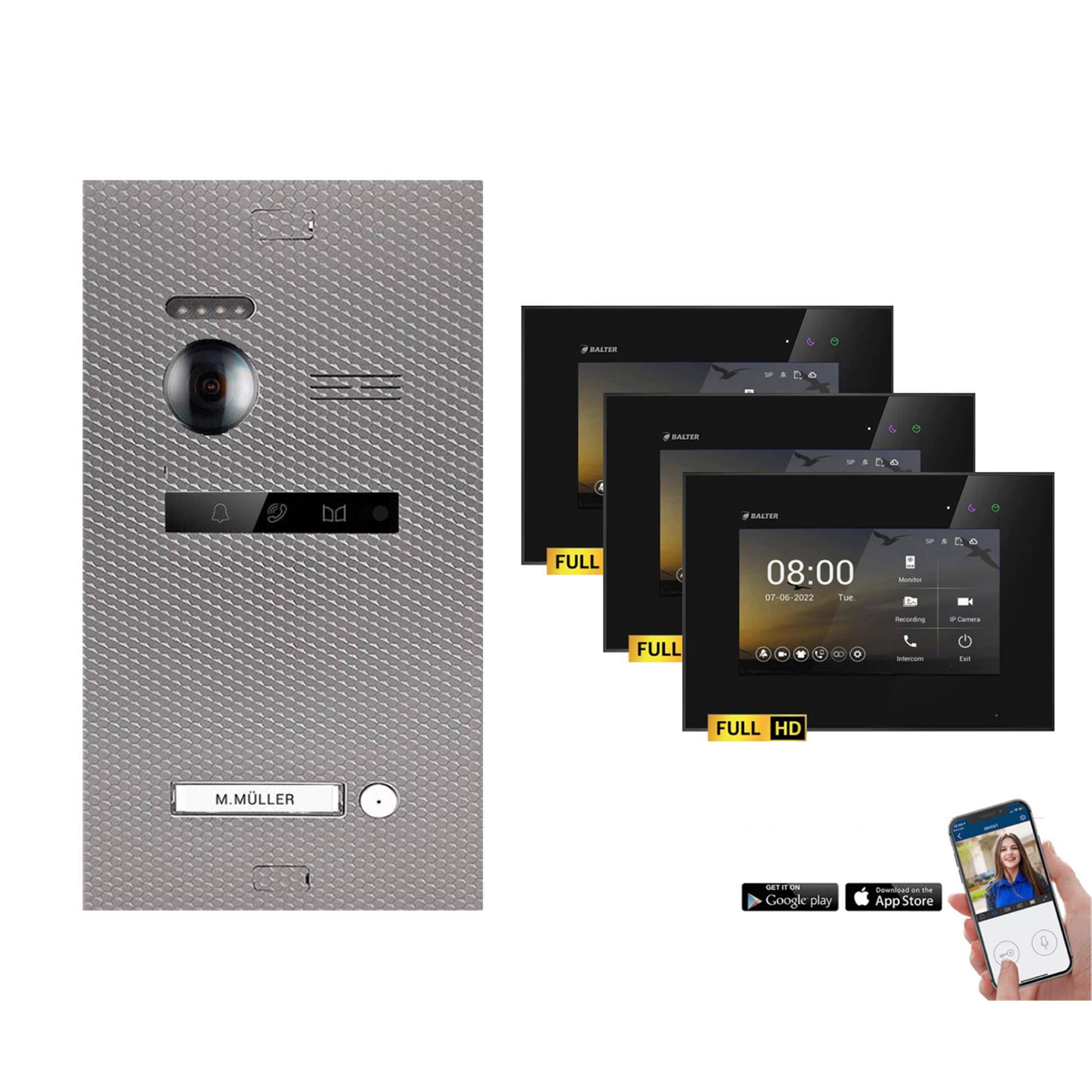 BALTER EVO-HD Video Türsprechanlage 2-Draht Komplett-Set 1-Familie WLAN 3 Monitore mit Smartphone App Karbon-Silver - Schwarz