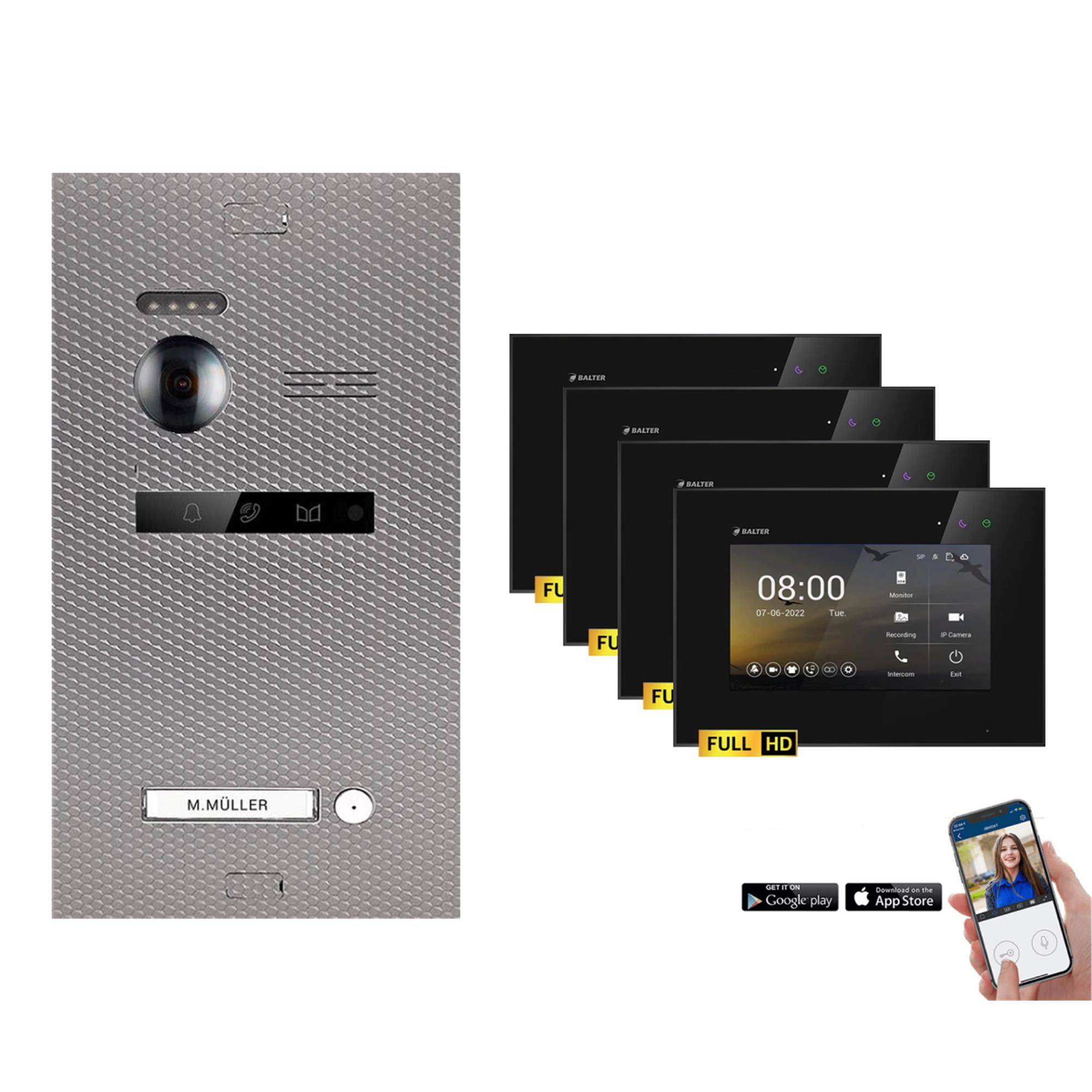 BALTER EVO-HD Video Türsprechanlage 2-Draht Komplett-Set 1-Familie WLAN 4 Monitore mit Smartphone App Karbon-Silver - Schwarz