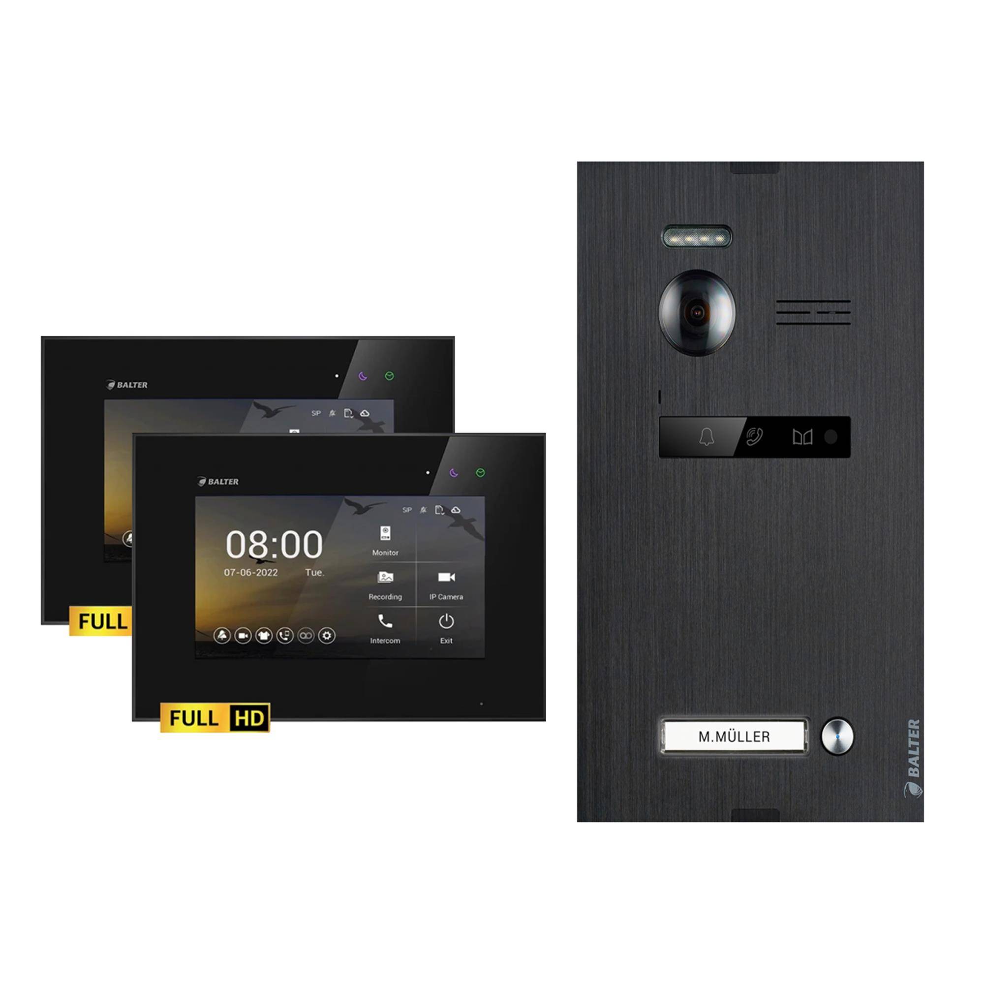 BALTER EVO-HD Video Sprechanlage 2-Draht Komplett-Set 1-Familie 2 Monitore Schwarz - Schwarz
