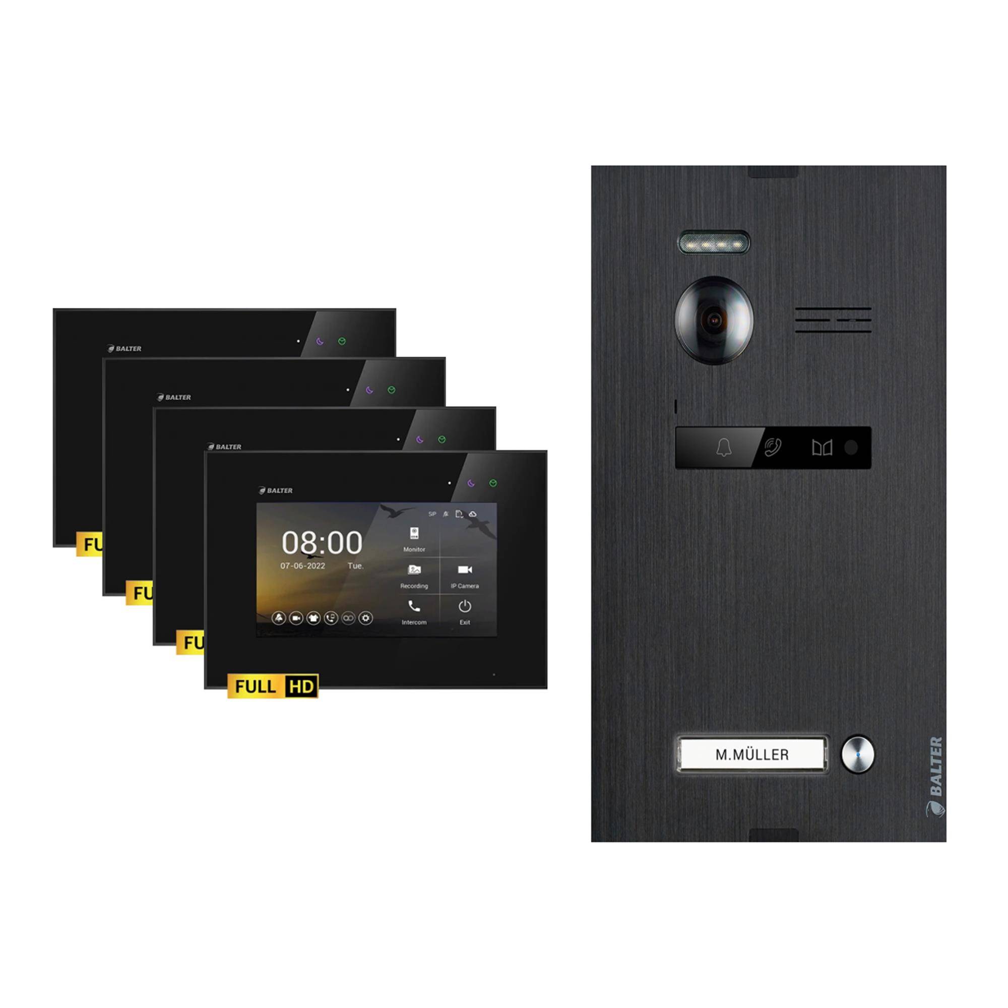 BALTER EVO-HD Video Sprechanlage 2-Draht Komplett-Set 1-Familie 4 Monitore Schwarz - Schwarz