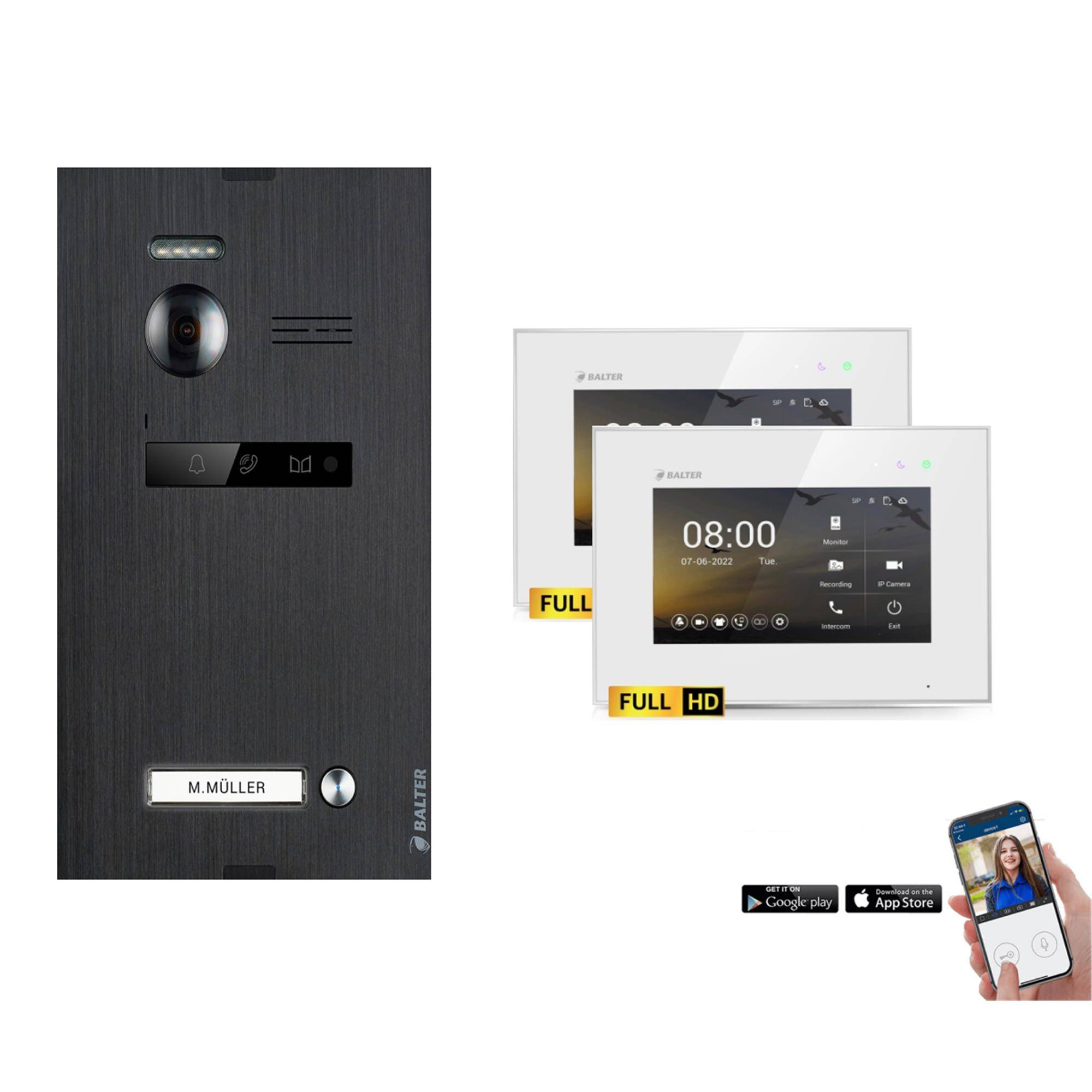 BALTER EVO-HD Video Sprechanlage 2-Draht Komplett-Set 1-Familie WLAN 2 Monitore mit Smartphone App Schwarz-Weiß