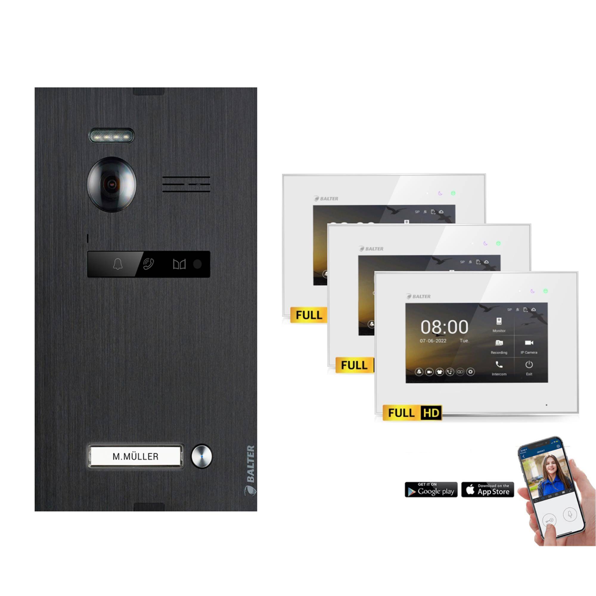 BALTER EVO-HD Video Türsprechanlage 2-Draht Komplett-Set 1-Familie WLAN 3 Monitore mit Smartphone App Schwarz - Weiß