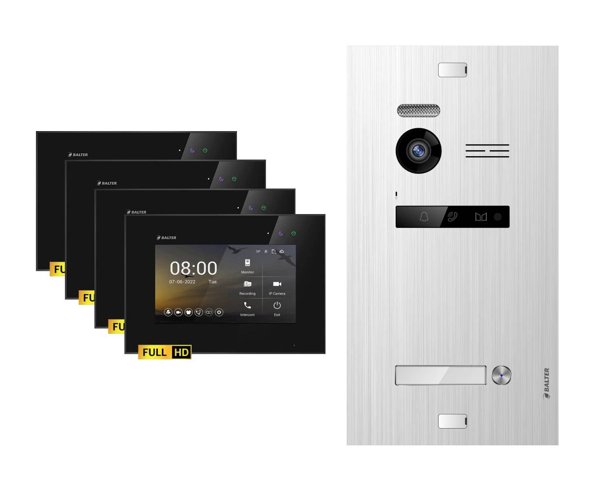 BALTER EVO-HD Video Sprechanlage 2-Draht Komplett-Set 1-Familie 4 Monitore Silber - Schwarz