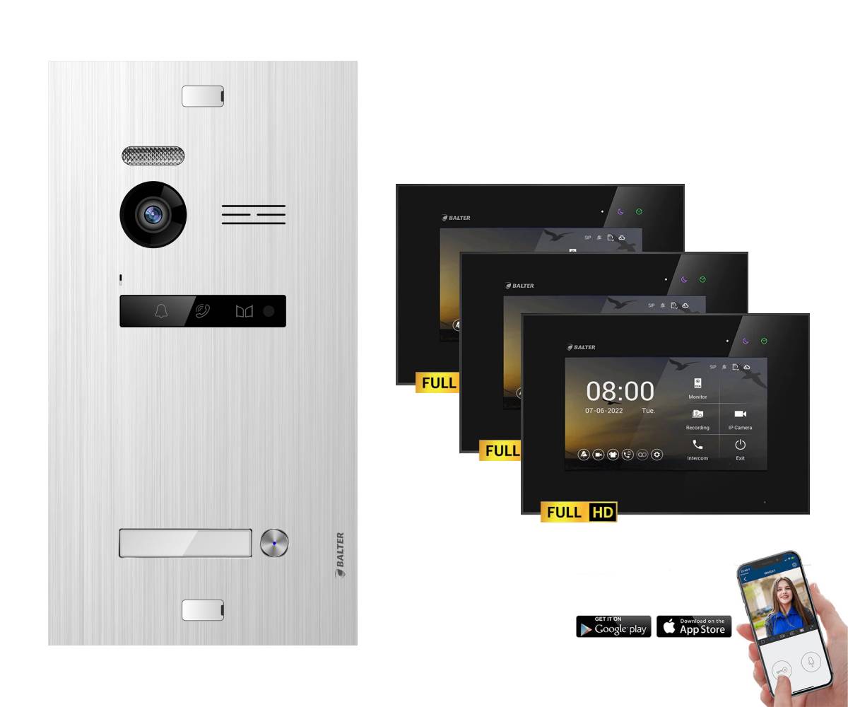 BALTER EVO-HD Video Türsprechanlage 2-Draht Komplett-Set 1-Familie WLAN 3 Monitore mit Smartphone App Silber - Schwarz