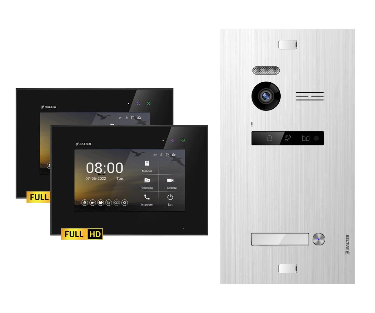 BALTER EVO-HD Video Sprechanlage 2-Draht Komplett-Set 1-Familie 2 Monitore Silber - Schwarz