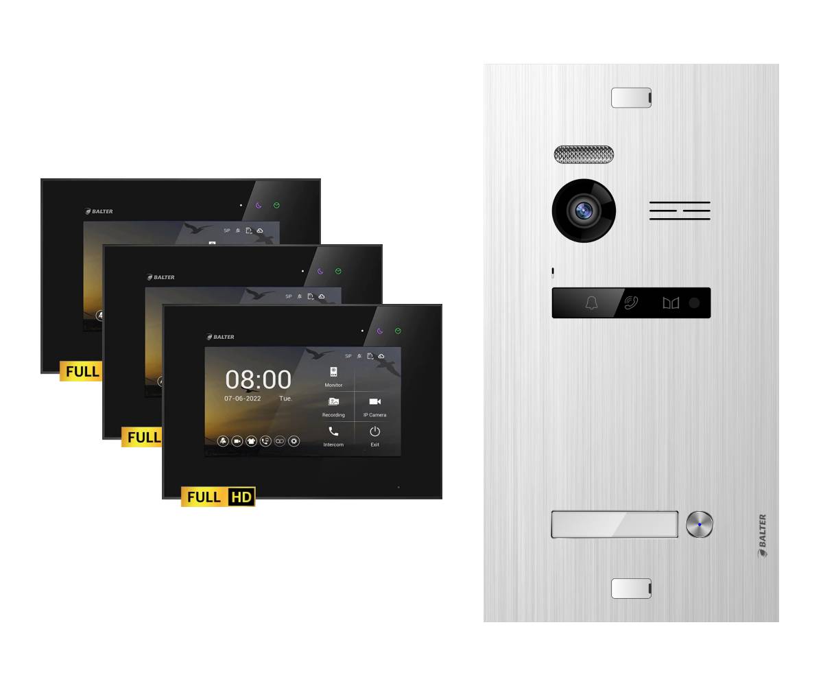 BALTER EVO-HD Video Türsprechanlage 2-Draht Komplett-Set 1-Familie 3 Monitore Silber - Schwarz