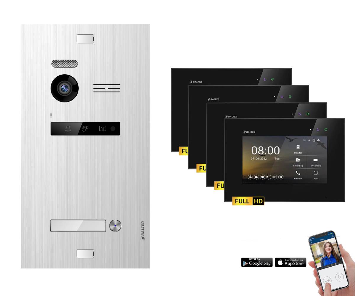 BALTER EVO-HD Video Türsprechanlage 2-Draht Komplett-Set 1-Familie WLAN 4 Monitore mit Smartphone App Silber - Schwarz