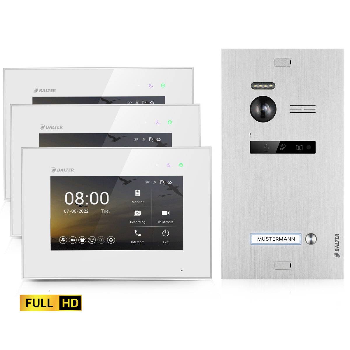 BALTER EVO-HD Video Türsprechanlage 2-Draht Komplett-Set 1-Familie 3 Monitore Silber - Weiß