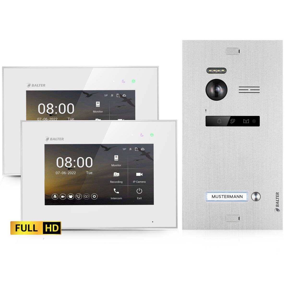 BALTER EVO-HD Video Sprechanlage 2-Draht Komplett-Set 1-Familie 2 Monitore Silber - Weiß