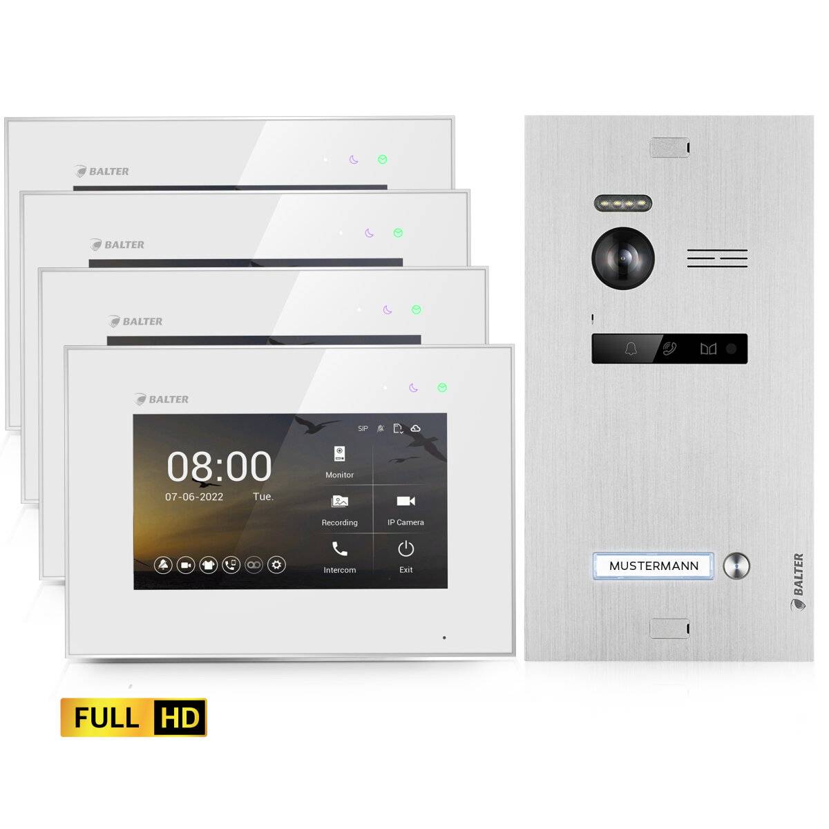 BALTER EVO-HD Video Sprechanlage 2-Draht Komplett-Set 1-Familie 4 Monitore Silber - Weiß