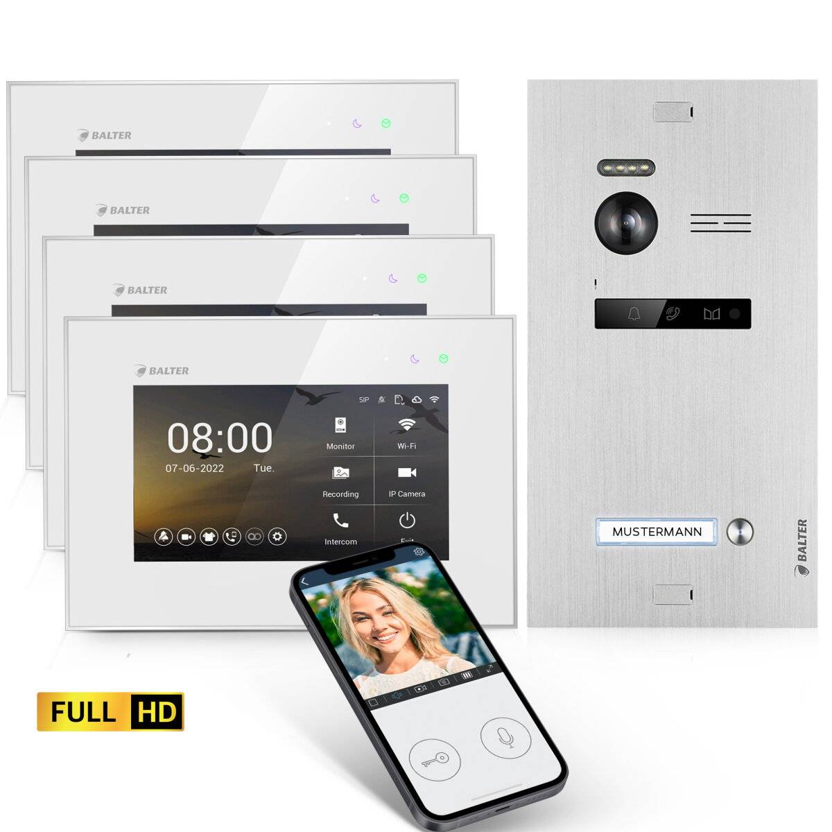 BALTER EVO-HD Video Türsprechanlage 2-Draht Komplett-Set 1-Familie WLAN 4 Monitore mit Smartphone App Silber - Weiß