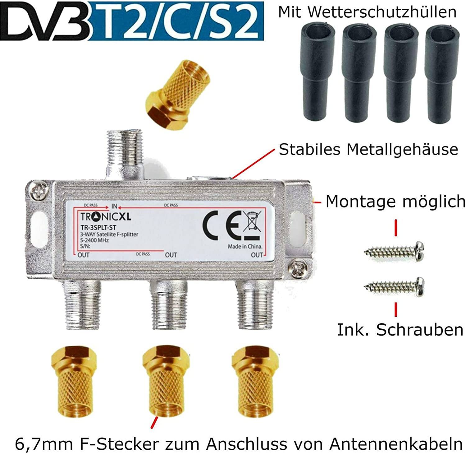 3-Fach Sat Splitter Antennenverteiler TV F-Stecker Adapter SAT-Adapter SAT-Verteiler Wetterschutz DC-Durchlass